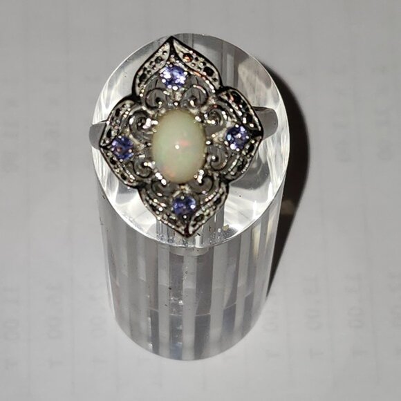 .925 Sterling Silver Natural Fire Opal & Tanzanite Ring Size 9.5 Value $570 - Picture 4 of 7